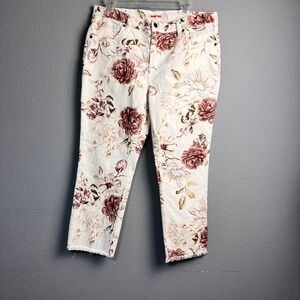 JOHNNY WAS The Cropped Boyfriend Jeans White Floral Print Frayed Hem Relaxed Fit